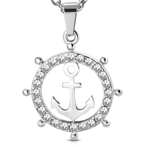 Stainless Steel Anchor Pendant with Halo of Cubic Zirconias